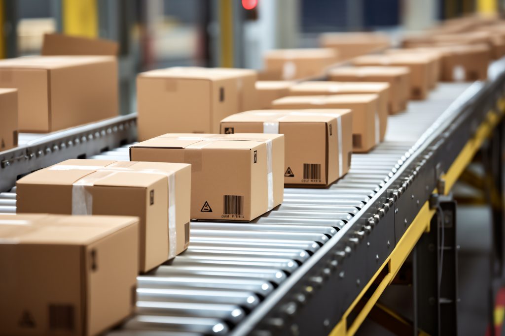 Cardboard Boxes On A Conveyor Belt In A Warehouse